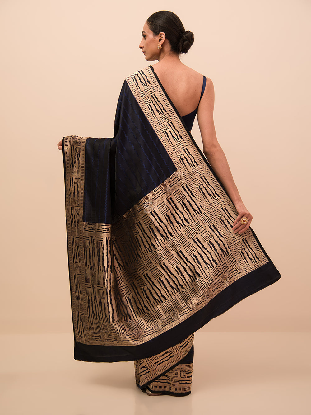 Midnight Blue Stripe Satin Tanchoi Handloom Banarasi Saree - Sacred Weaves