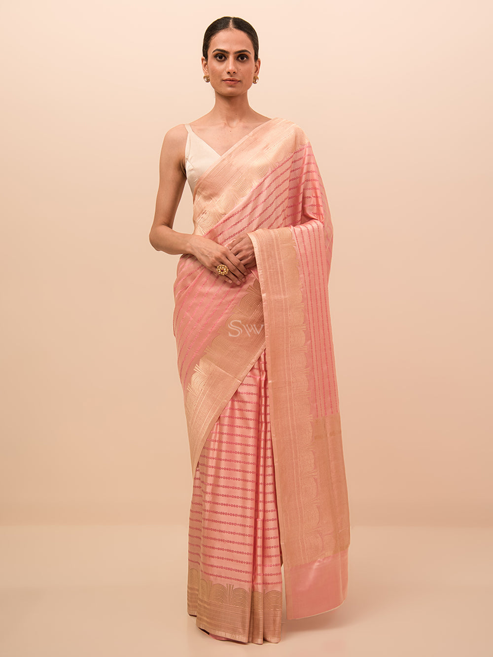 Pastel Pink Stripe Satin Tanchoi Handloom Banarasi Saree - Sacred Weaves