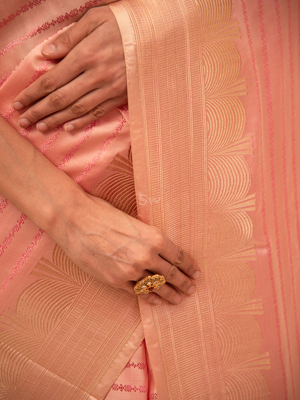 Pastel Pink Stripe Satin Tanchoi Handloom Banarasi Saree - Sacred Weaves