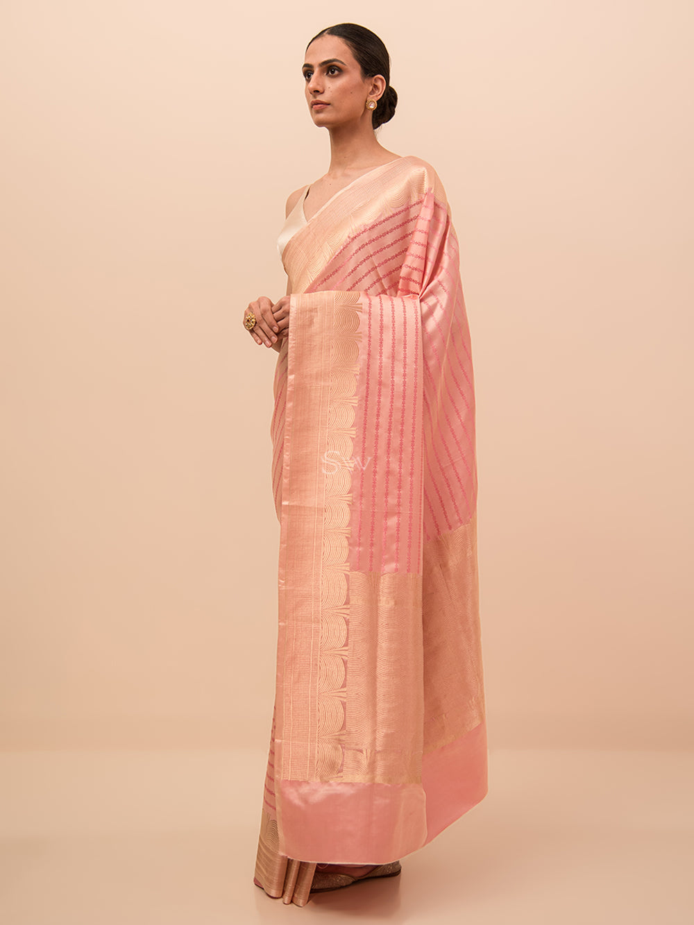 Pastel Pink Stripe Satin Tanchoi Handloom Banarasi Saree - Sacred Weaves