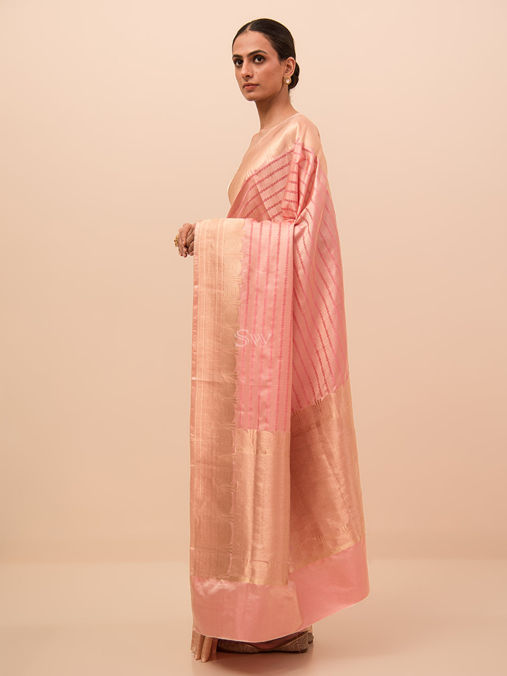 Pastel Pink Stripe Satin Tanchoi Handloom Banarasi Saree - Sacred Weaves