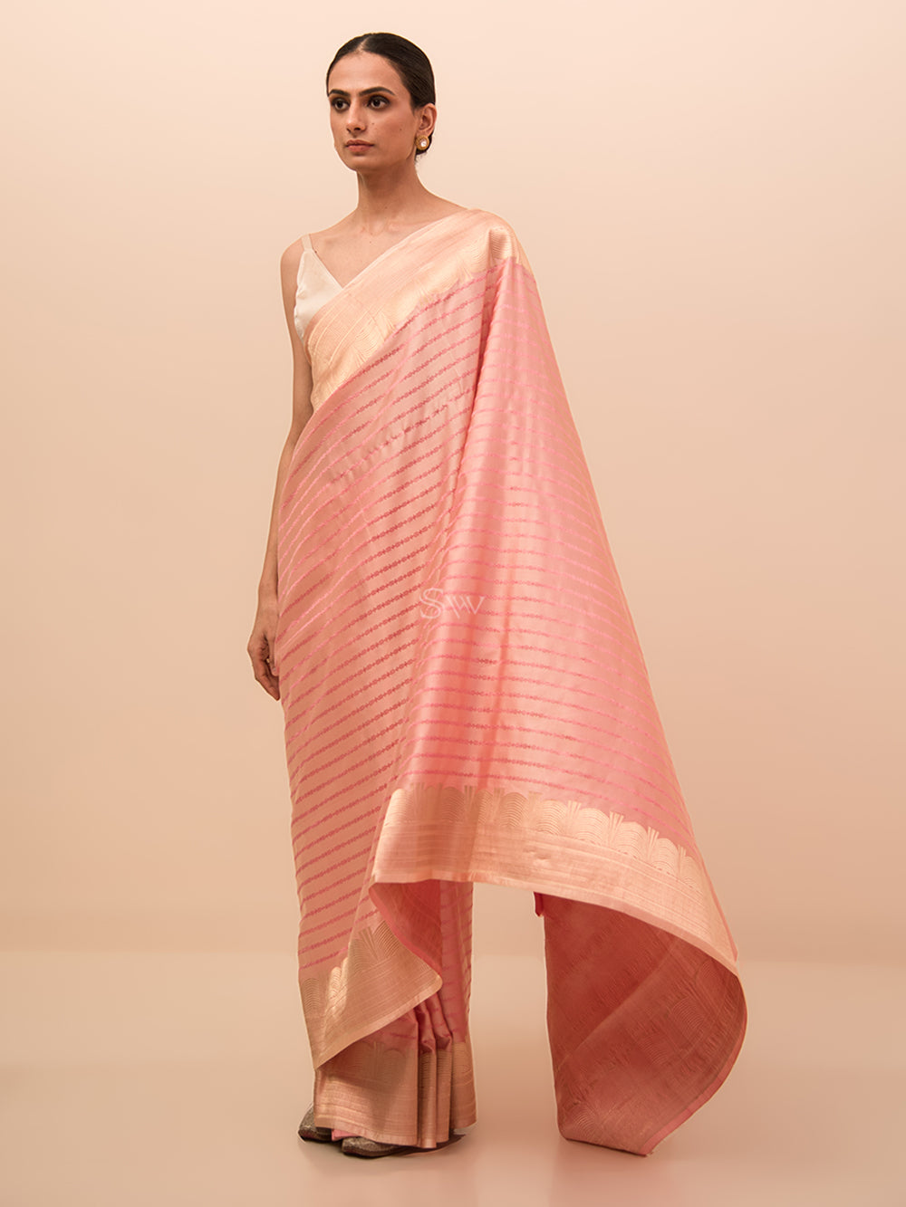 Pastel Pink Stripe Satin Tanchoi Handloom Banarasi Saree - Sacred Weaves