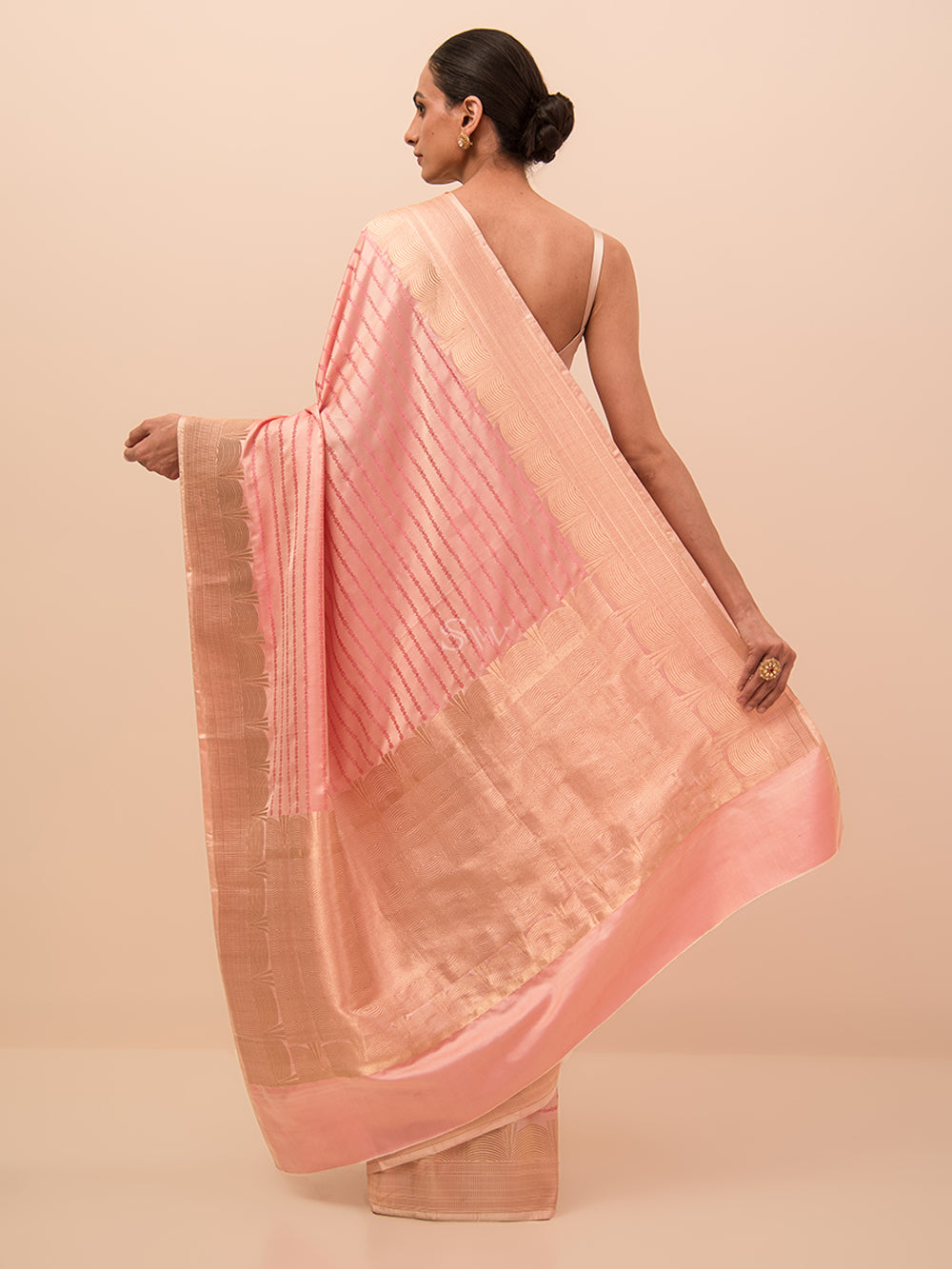 Pastel Pink Stripe Satin Tanchoi Handloom Banarasi Saree - Sacred Weaves