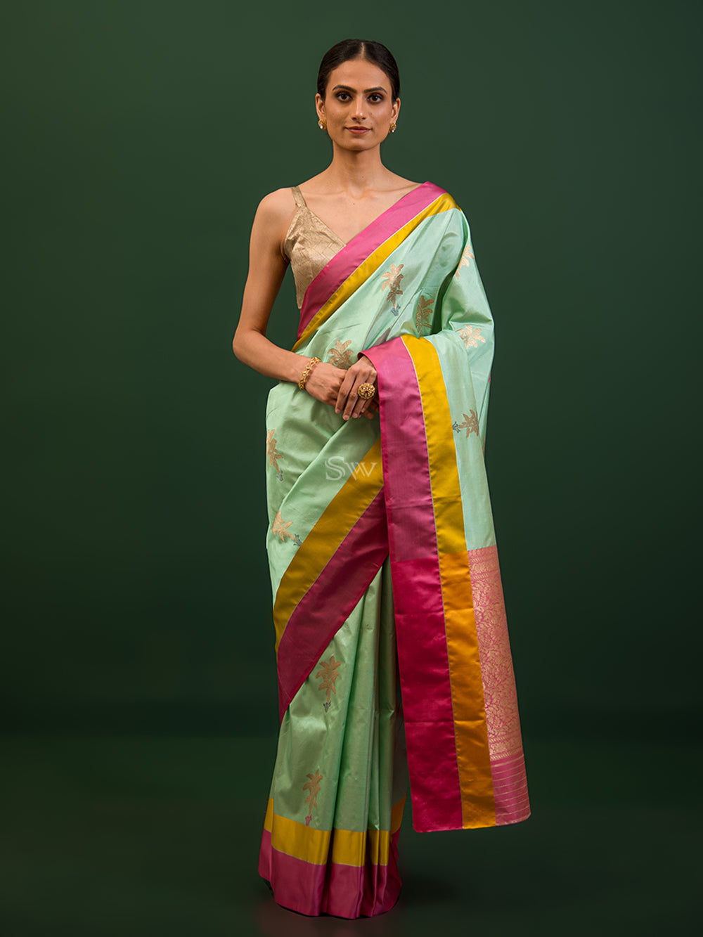 Mint Green Meenakari Katan Silk Handloom Banarasi Saree - Sacred Weaves