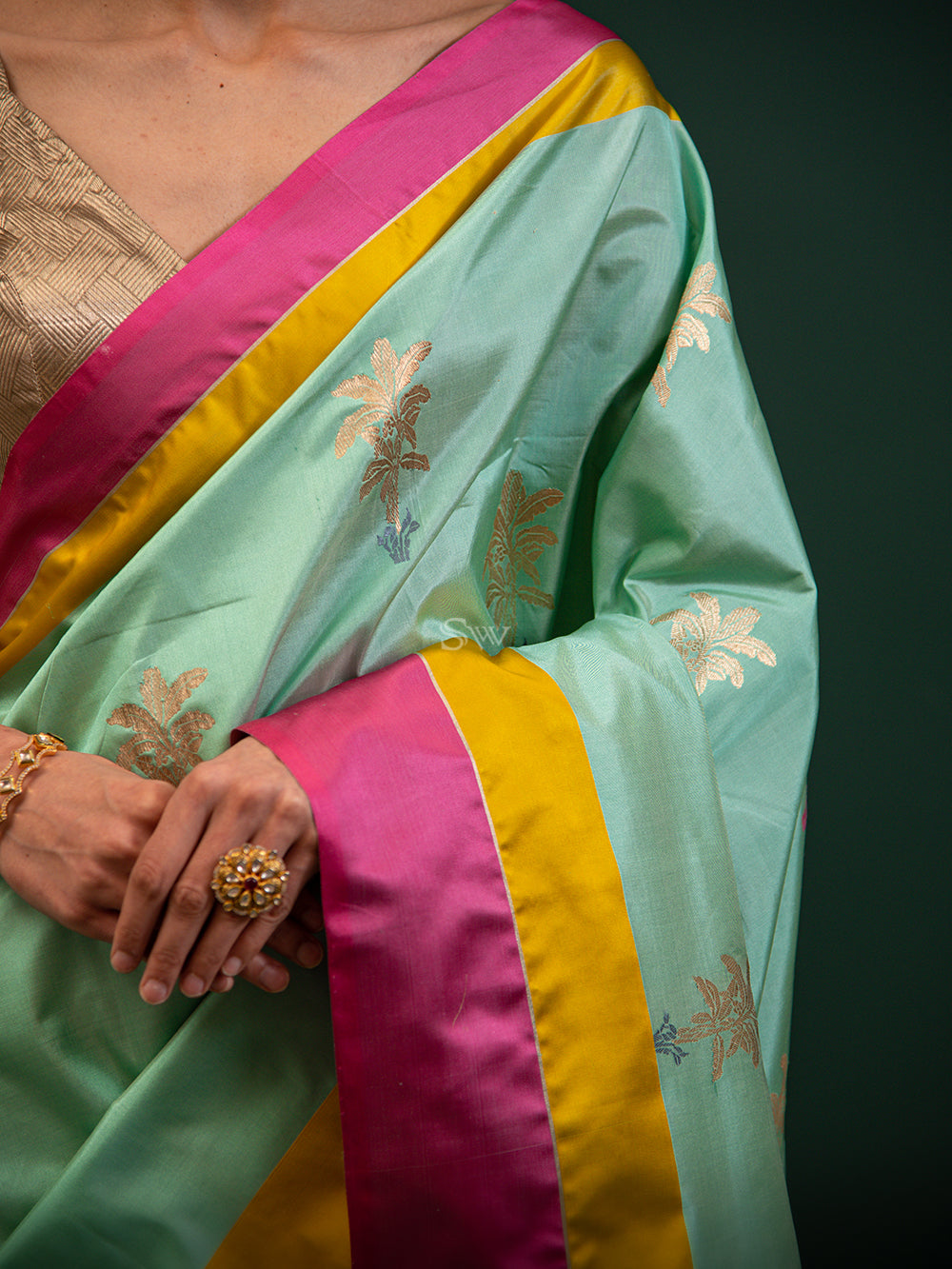 Mint Green Meenakari Katan Silk Handloom Banarasi Saree - Sacred Weaves
