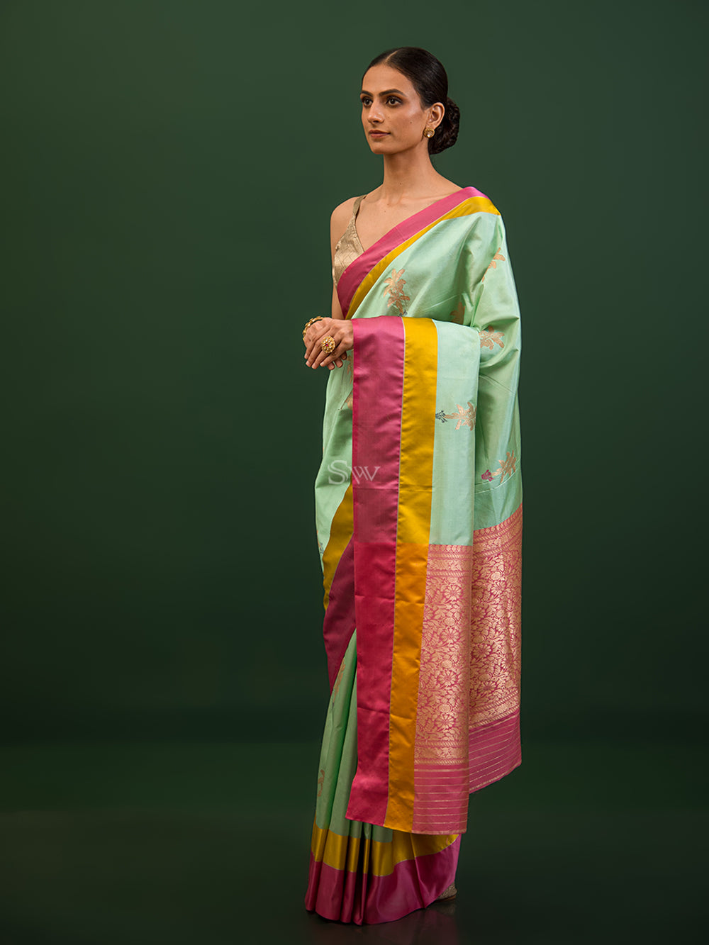 Mint Green Meenakari Katan Silk Handloom Banarasi Saree - Sacred Weaves