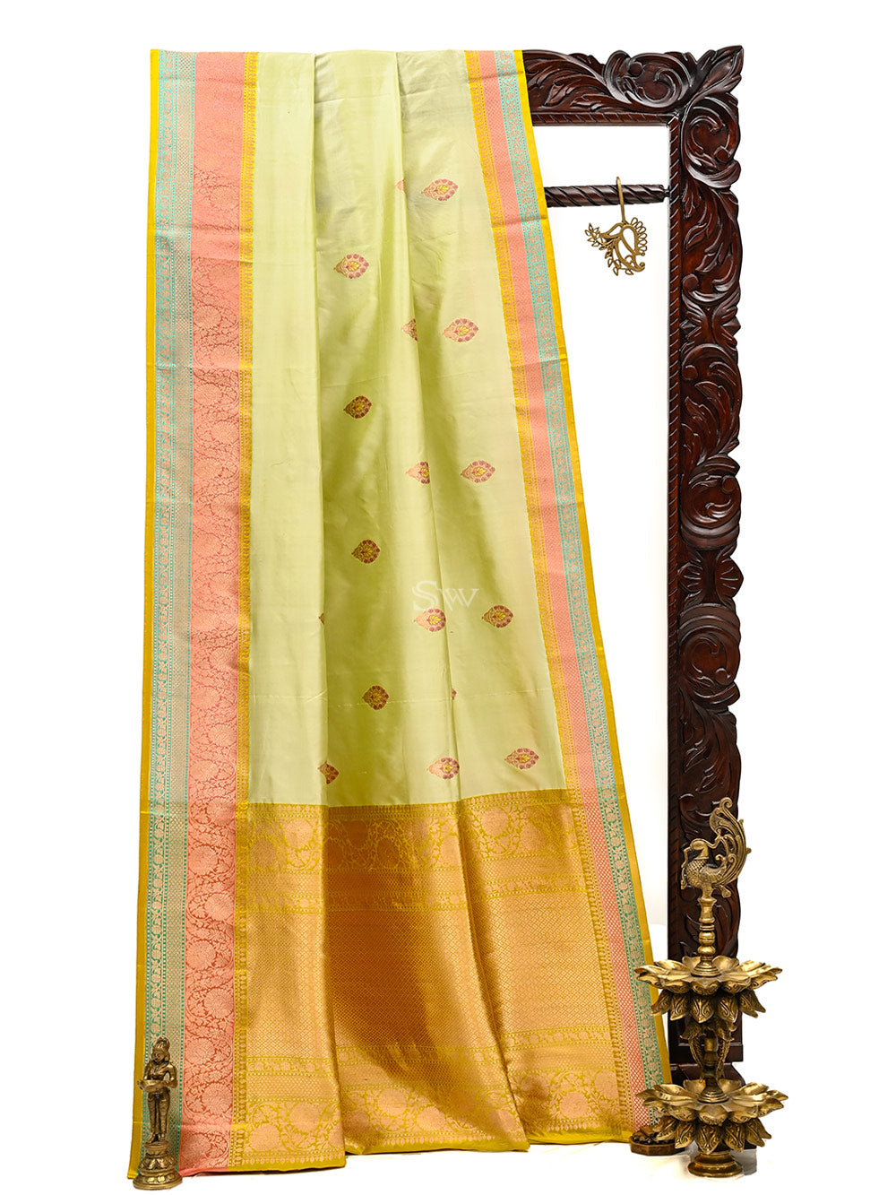 Mint Green Meenakari Boota Katan Silk Handloom Banarasi Saree - Sacred Weaves