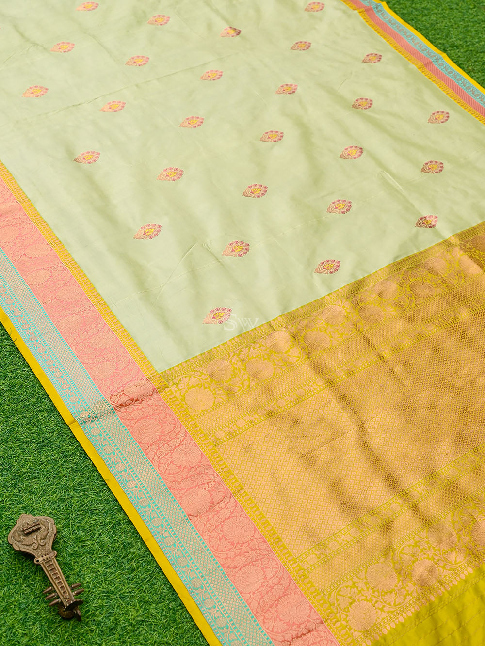 Mint Green Meenakari Boota Katan Silk Handloom Banarasi Saree - Sacred Weaves
