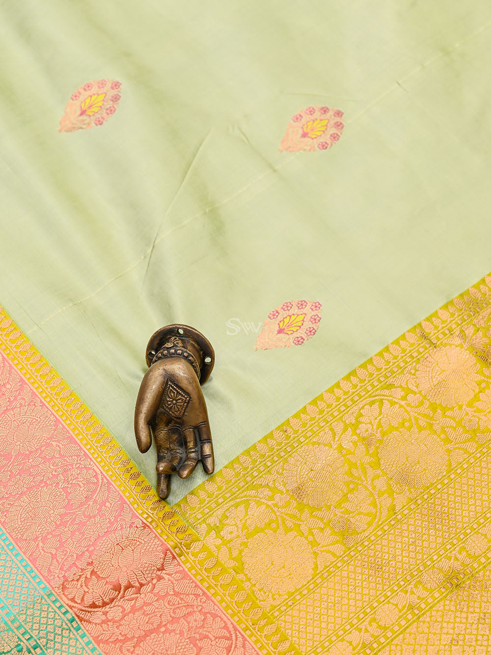 Mint Green Meenakari Boota Katan Silk Handloom Banarasi Saree - Sacred Weaves