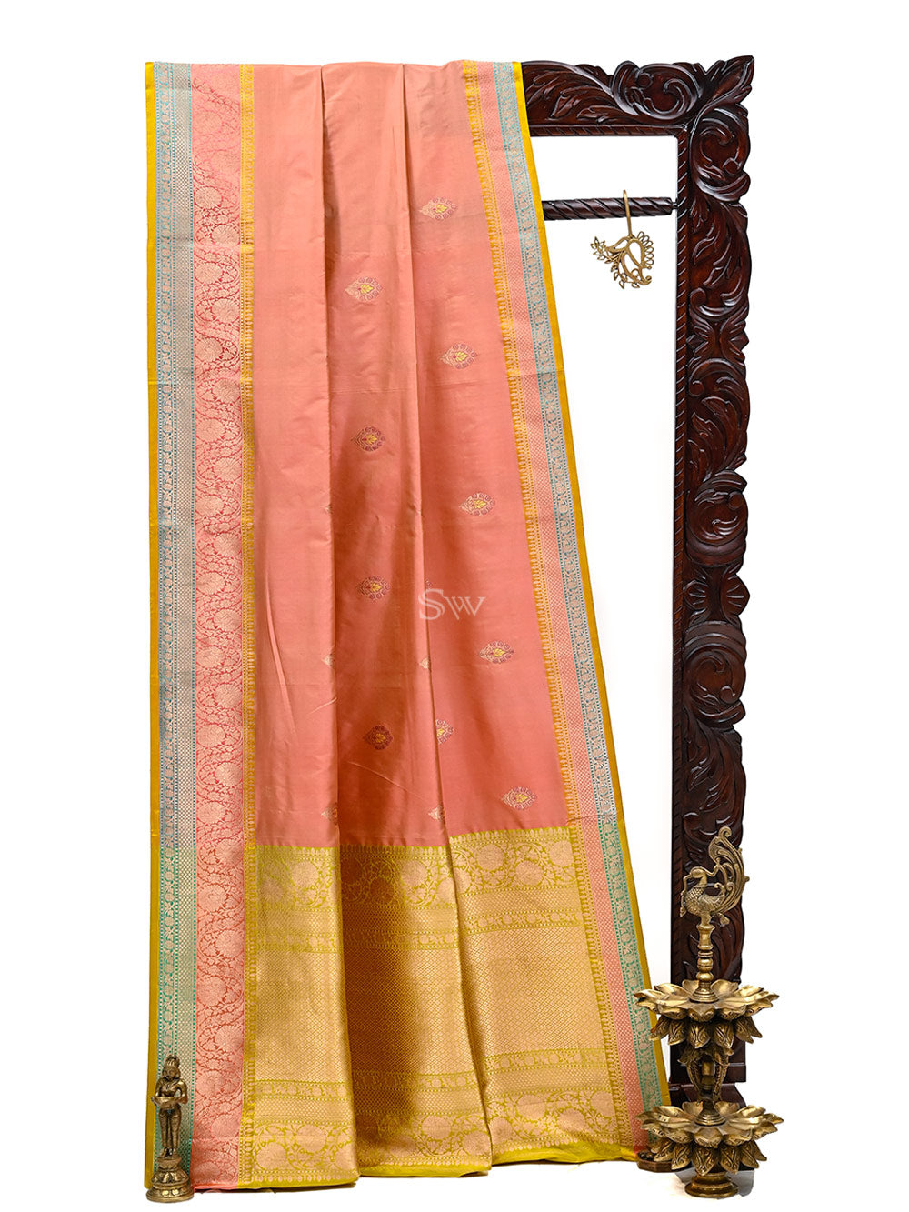 Pastel Pink Yellow Meenakari Boota Katan Silk Handloom Banarasi Saree - Sacred Weaves