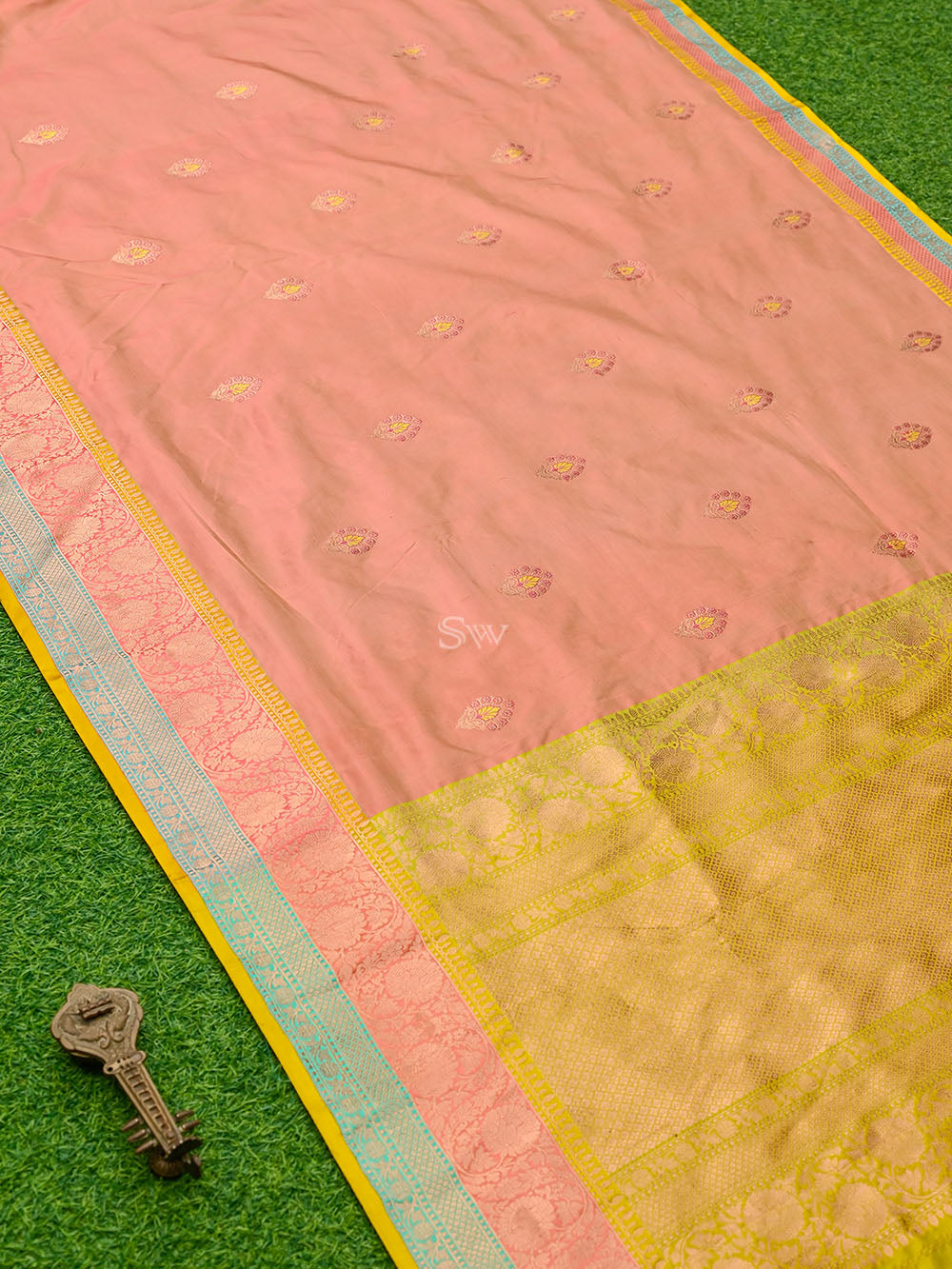 Pastel Pink Yellow Meenakari Boota Katan Silk Handloom Banarasi Saree - Sacred Weaves