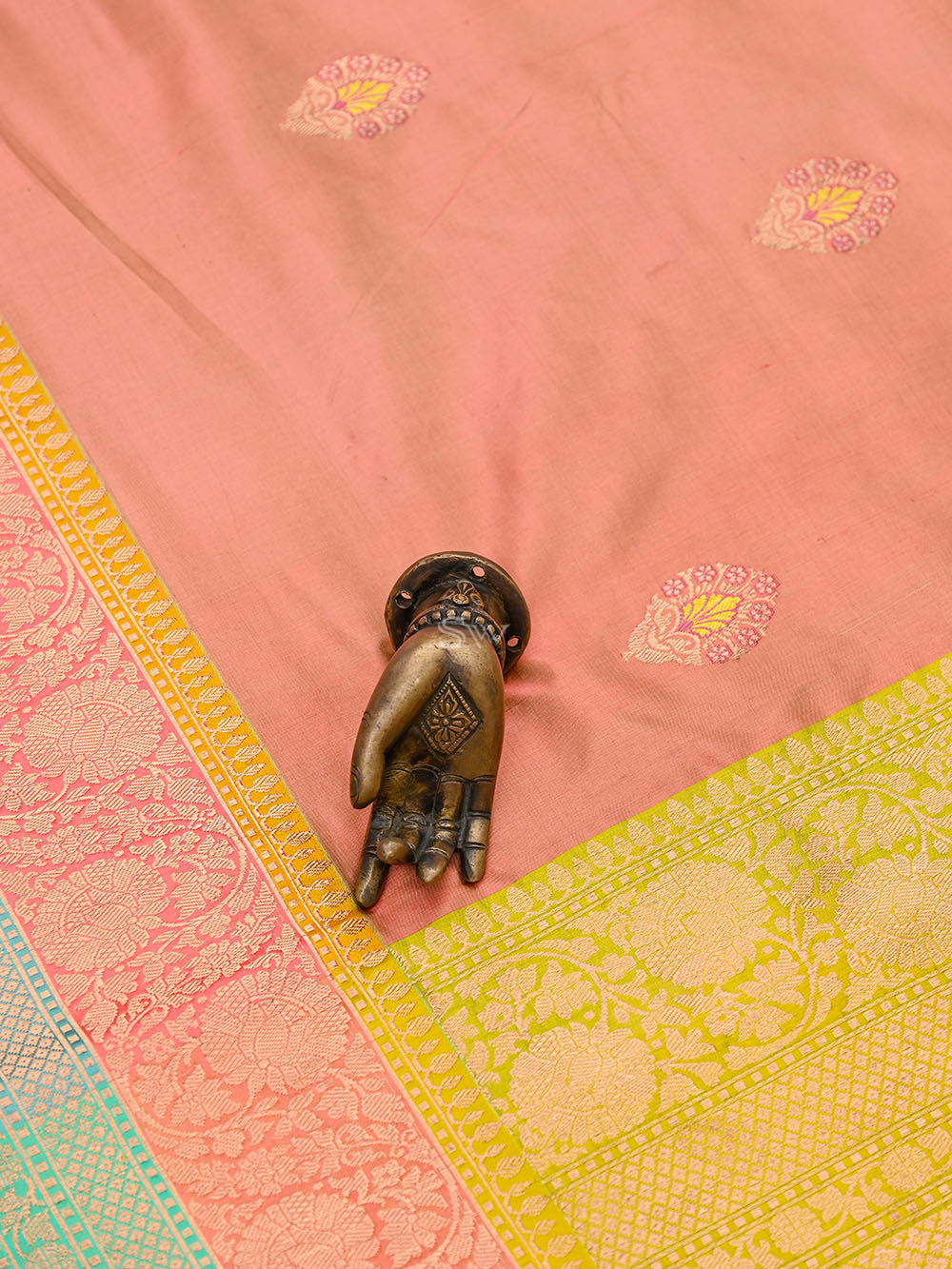Pastel Pink Yellow Meenakari Boota Katan Silk Handloom Banarasi Saree - Sacred Weaves