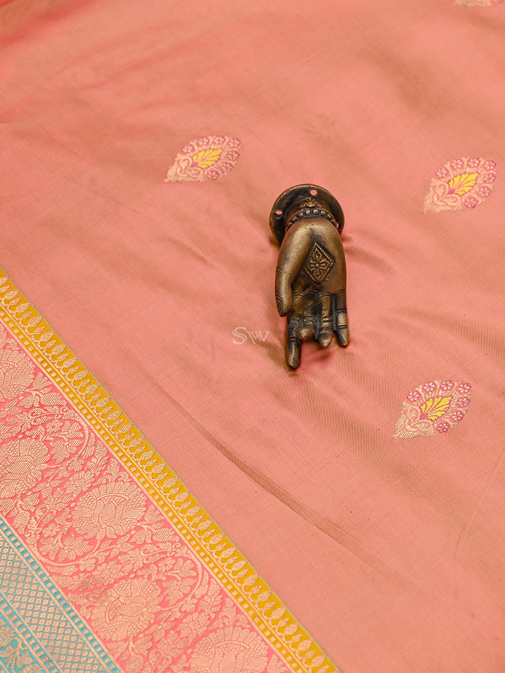 Pastel Pink Yellow Meenakari Boota Katan Silk Handloom Banarasi Saree - Sacred Weaves