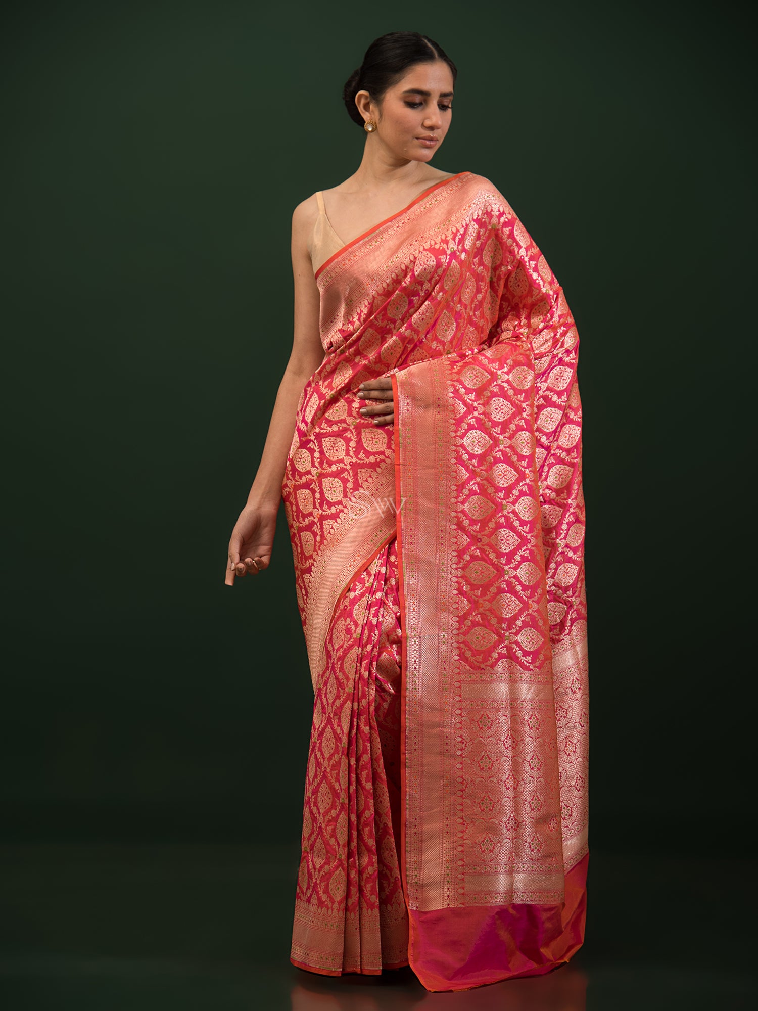 Pink Orange Meenakari Uppada Katan Silk Handloom Banarasi Saree - Sacred Weaves