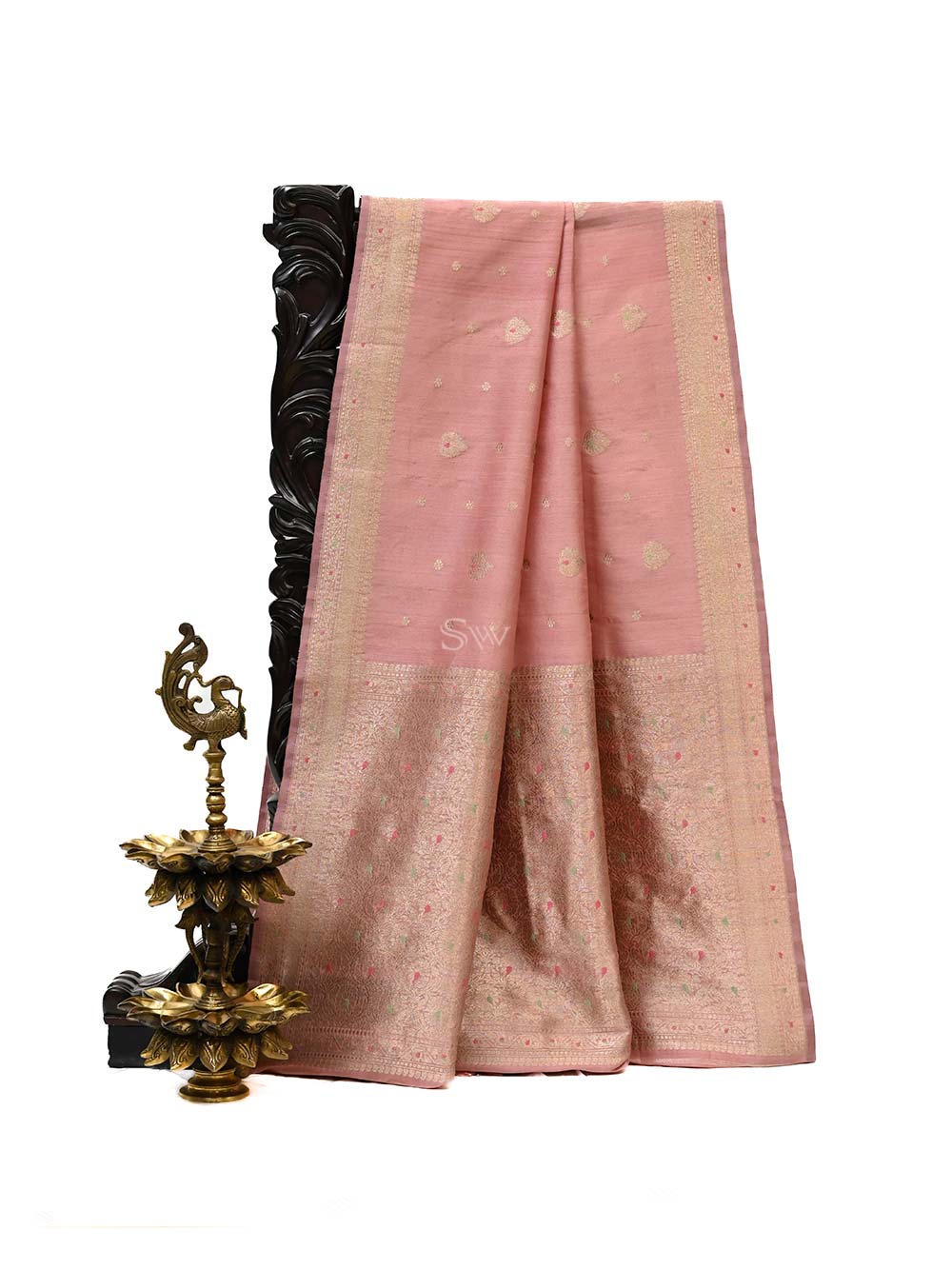 Pastel Pink Meenakari Booti Tussar Silk Handloom Banarasi Saree - Sacred Weaves