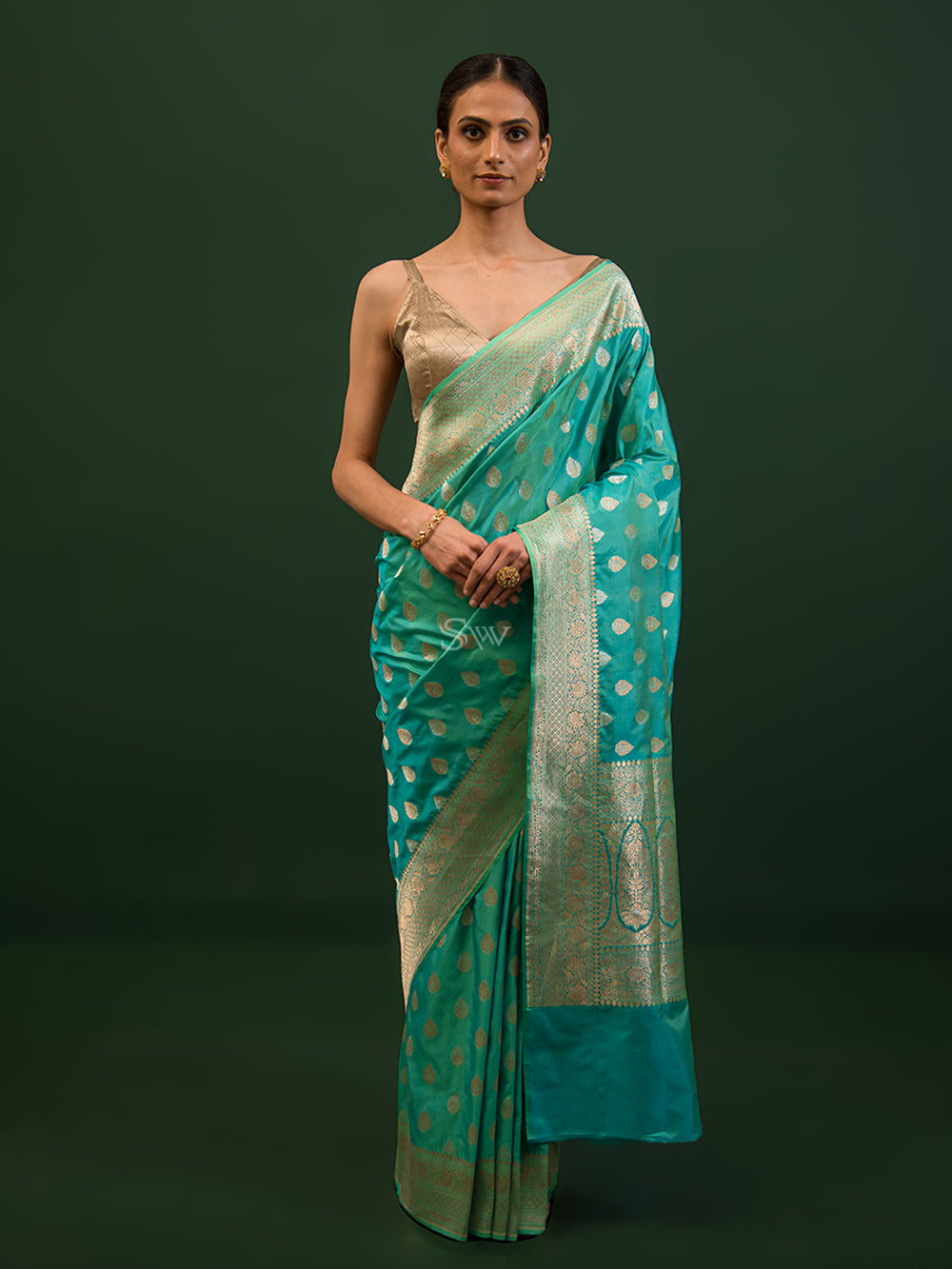 Sea Green Booti Katan Silk Handloom Banarasi Saree - Sacred Weaves