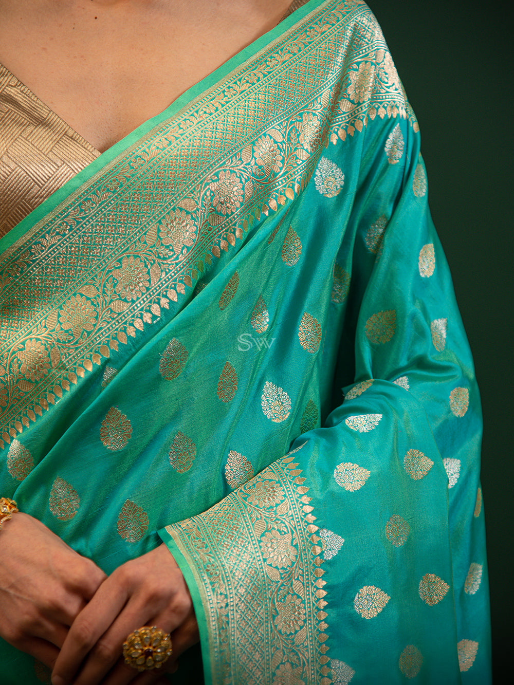 Sea Green Booti Katan Silk Handloom Banarasi Saree - Sacred Weaves