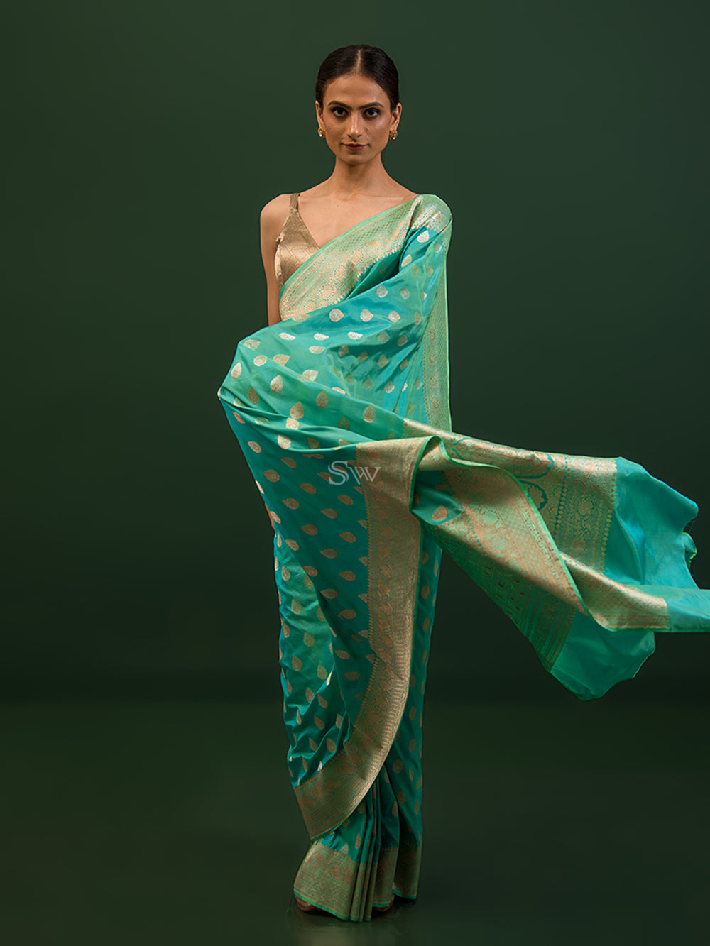 Sea Green Booti Katan Silk Handloom Banarasi Saree - Sacred Weaves