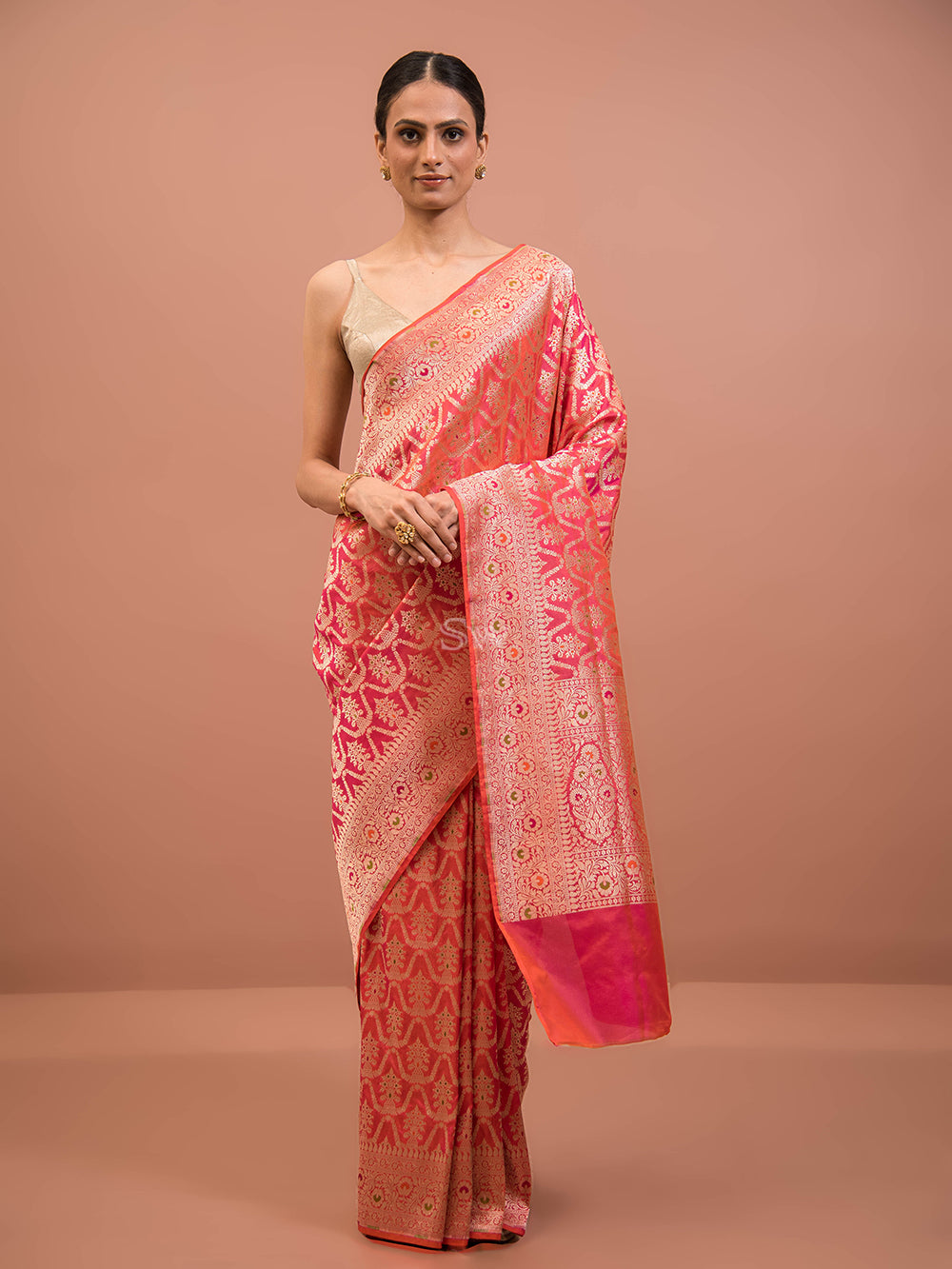 Pink Orange Meenakari Uppada Katan Silk Handloom Banarasi Saree - Sacred Weaves