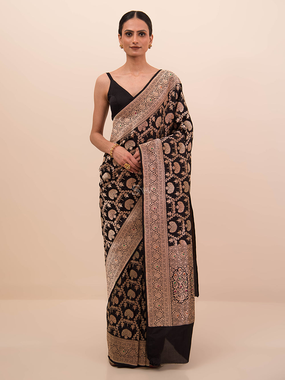 Black Meenakari Uppada Katan Silk Handloom Banarasi Saree - Sacred Weaves 