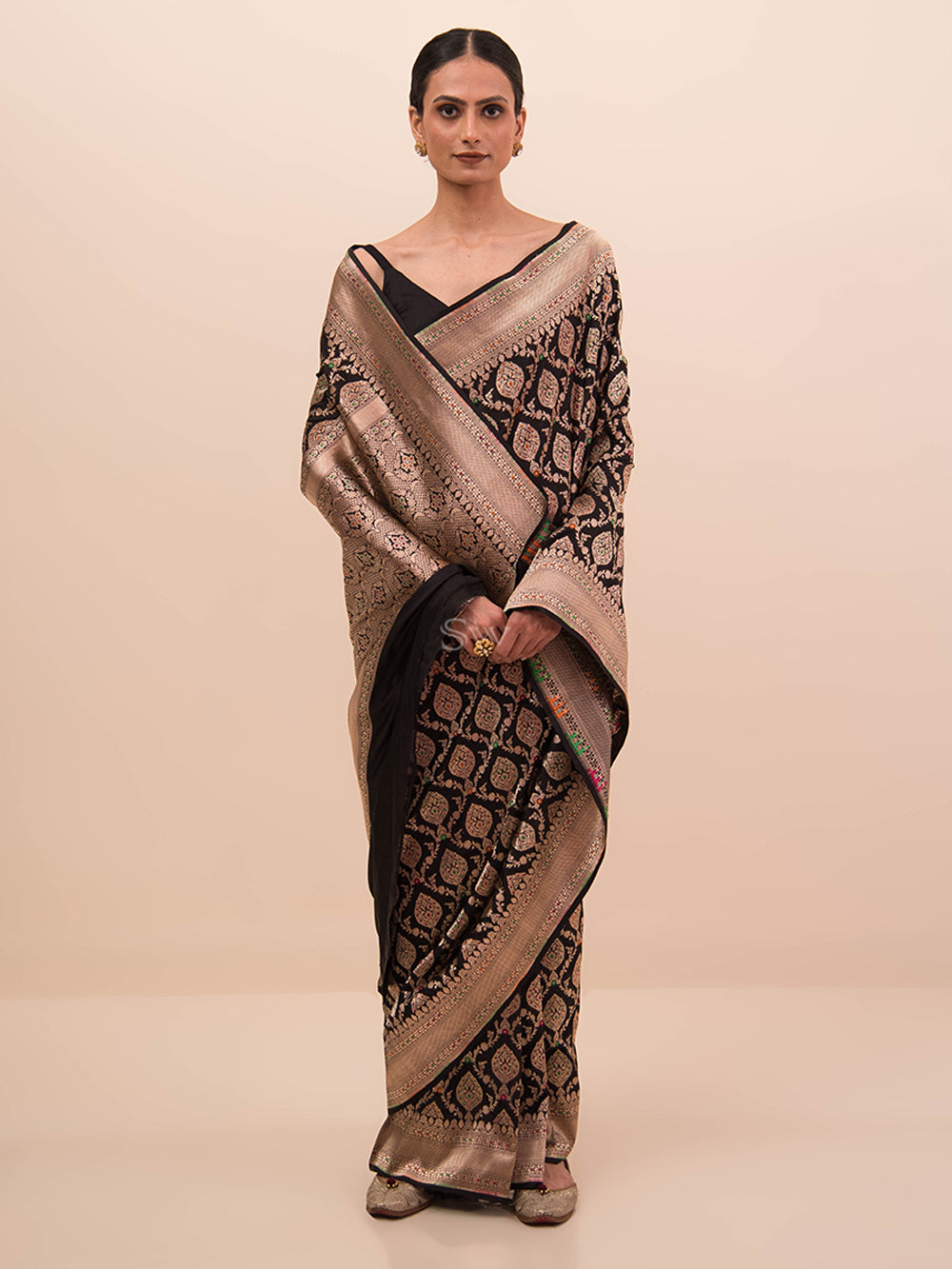 Black Meenakari Uppada Katan Silk Handloom Banarasi Saree - Sacred Weaves