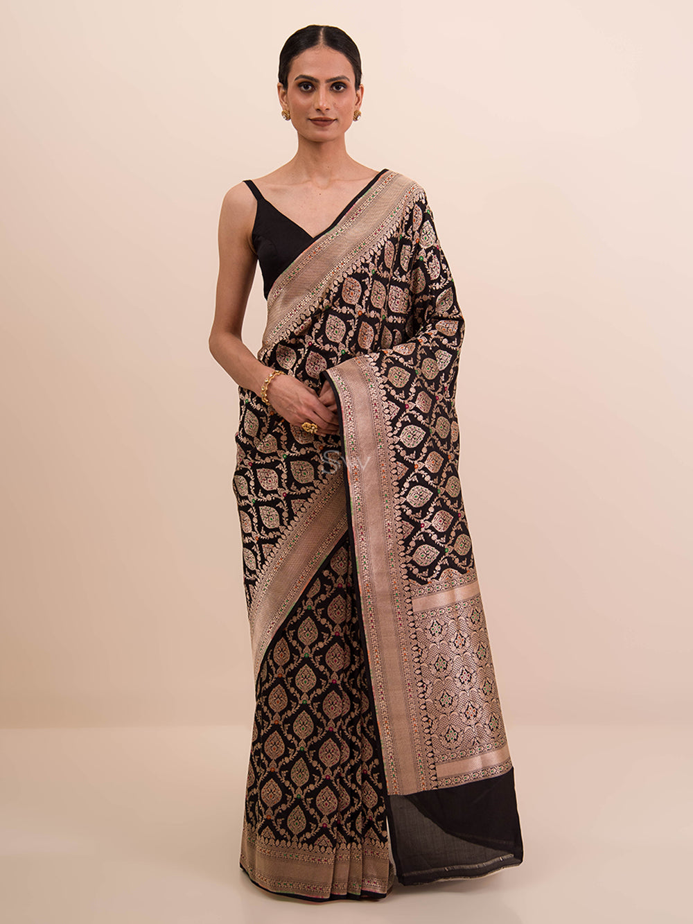 Black Meenakari Uppada Katan Silk Handloom Banarasi Saree - Sacred Weaves
