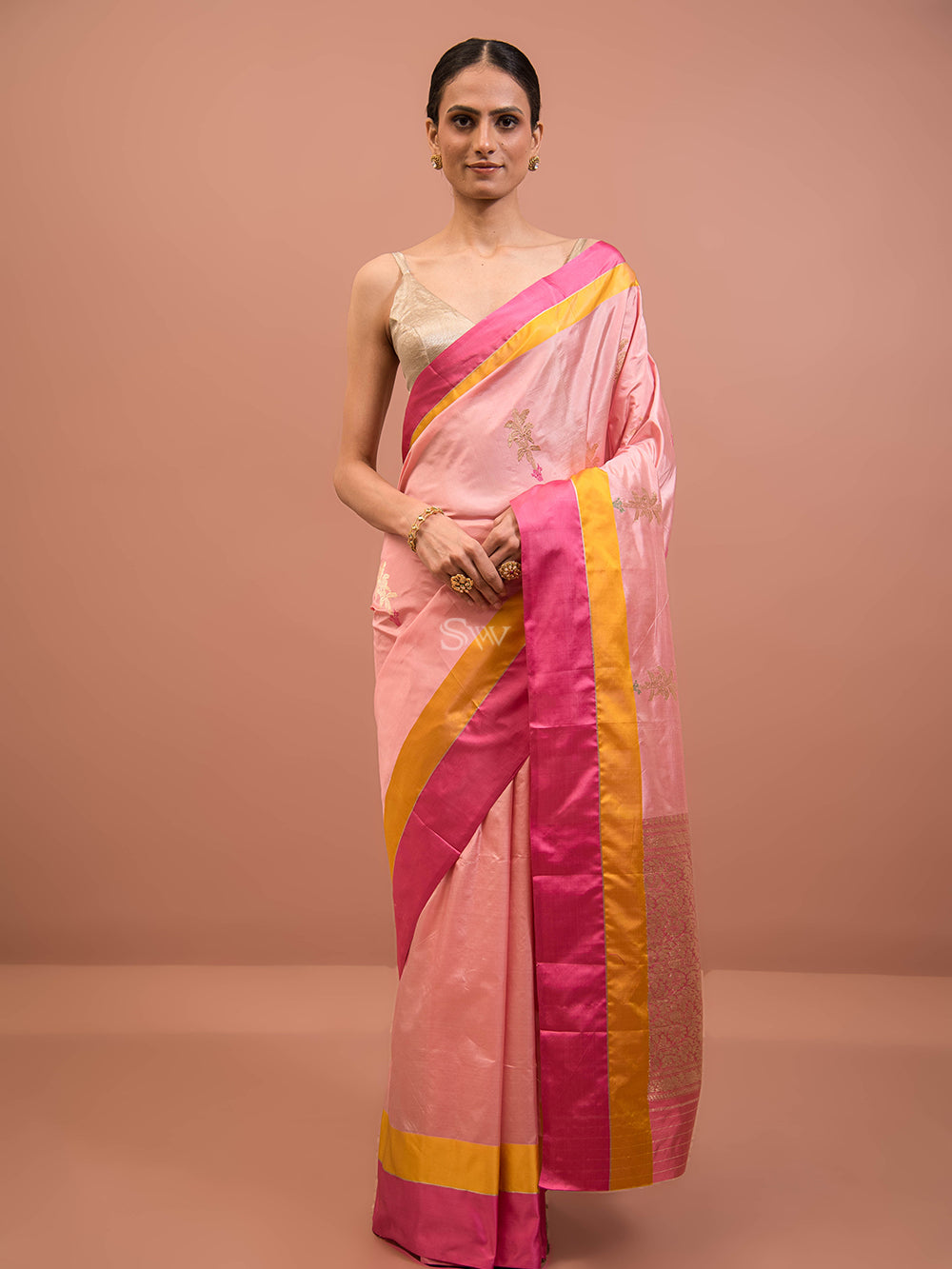 Pastel Pink Meenakari Boota Katan Silk Handloom Banarasi Saree - Sacred Weaves