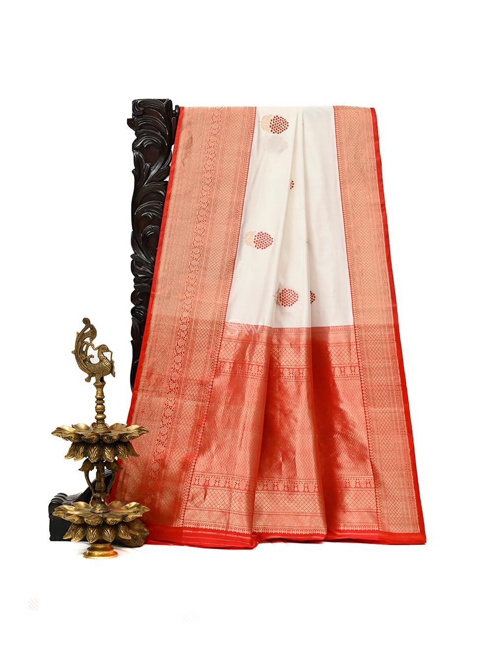 White Meenakari Boota Katan Silk Handloom Banarasi Saree - Sacred Weaves