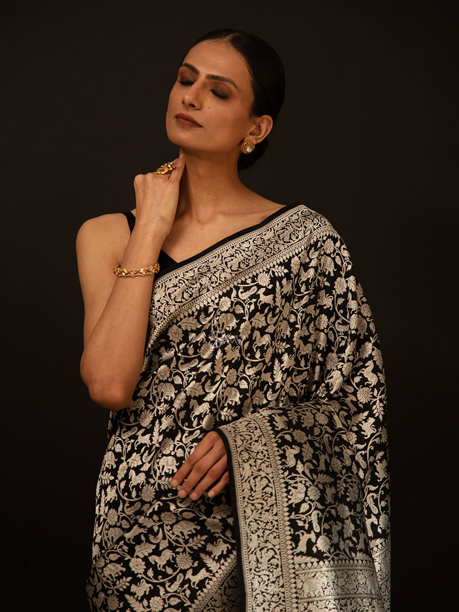 Black Shikargah Katan Silk Handloom Banarasi Saree - Sacred Weaves