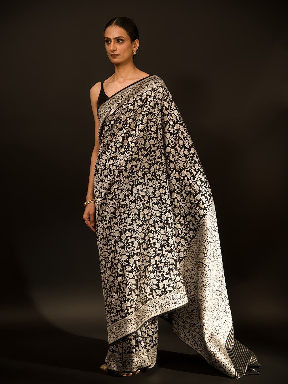 Black Shikargah Katan Silk Handloom Banarasi Saree - Sacred Weaves