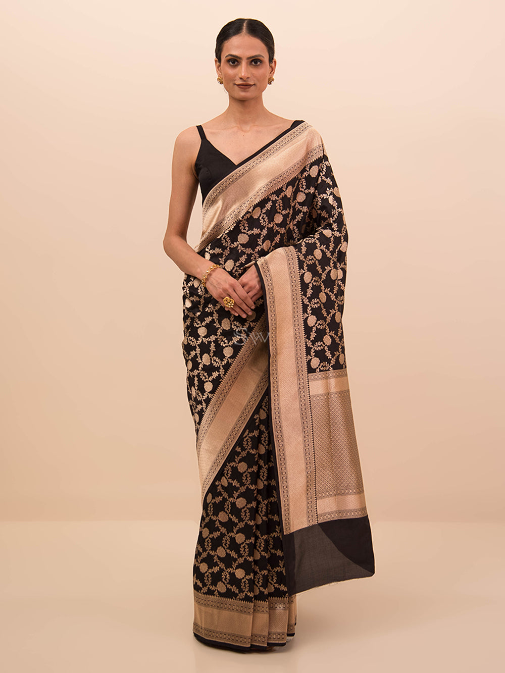 Black Uppada Katan Silk Handloom Banarasi Saree - Sacred Weaves