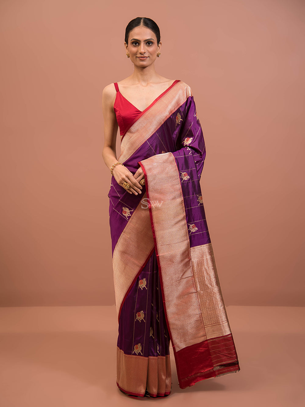 Purple Shikargah Boota Katan Silk Handloom Banarasi Saree - Sacred Weaves