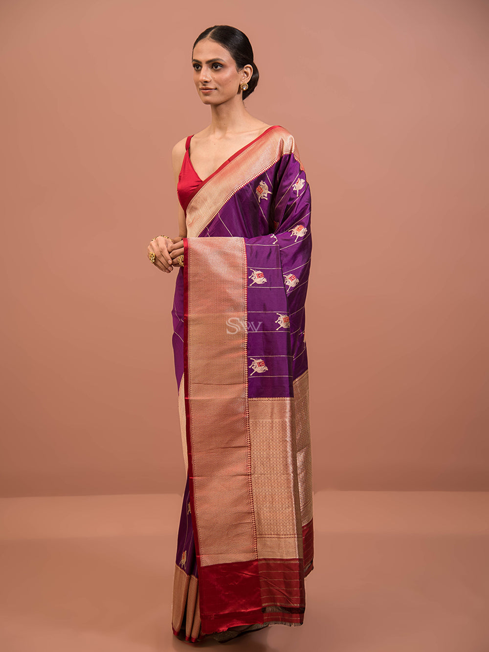 Purple Shikargah Boota Katan Silk Handloom Banarasi Saree - Sacred Weaves