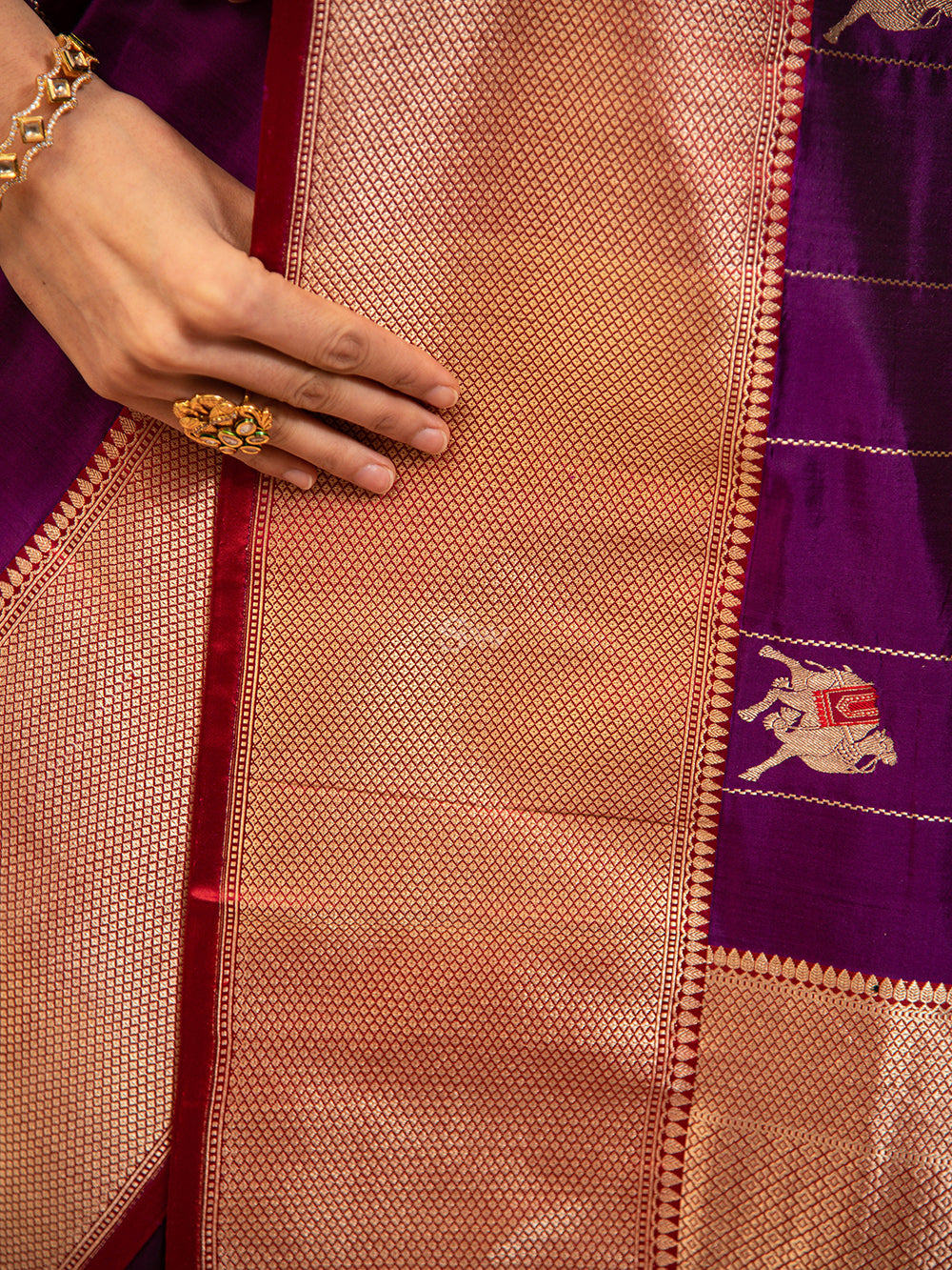 Purple Shikargah Boota Katan Silk Handloom Banarasi Saree - Sacred Weaves