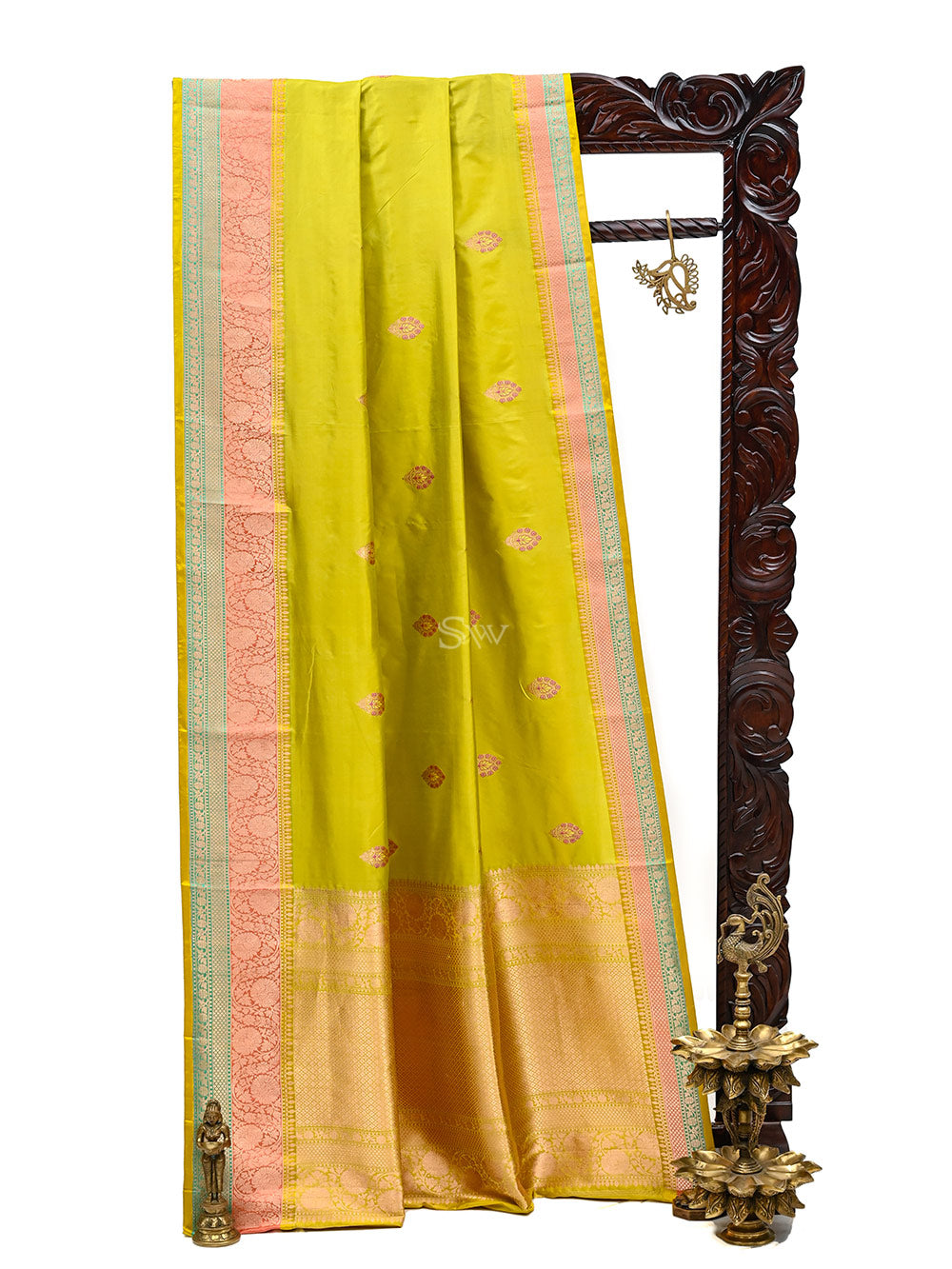 Lime Green Meenakari Boota Katan Silk Handloom Banarasi Saree - Sacred Weaves
