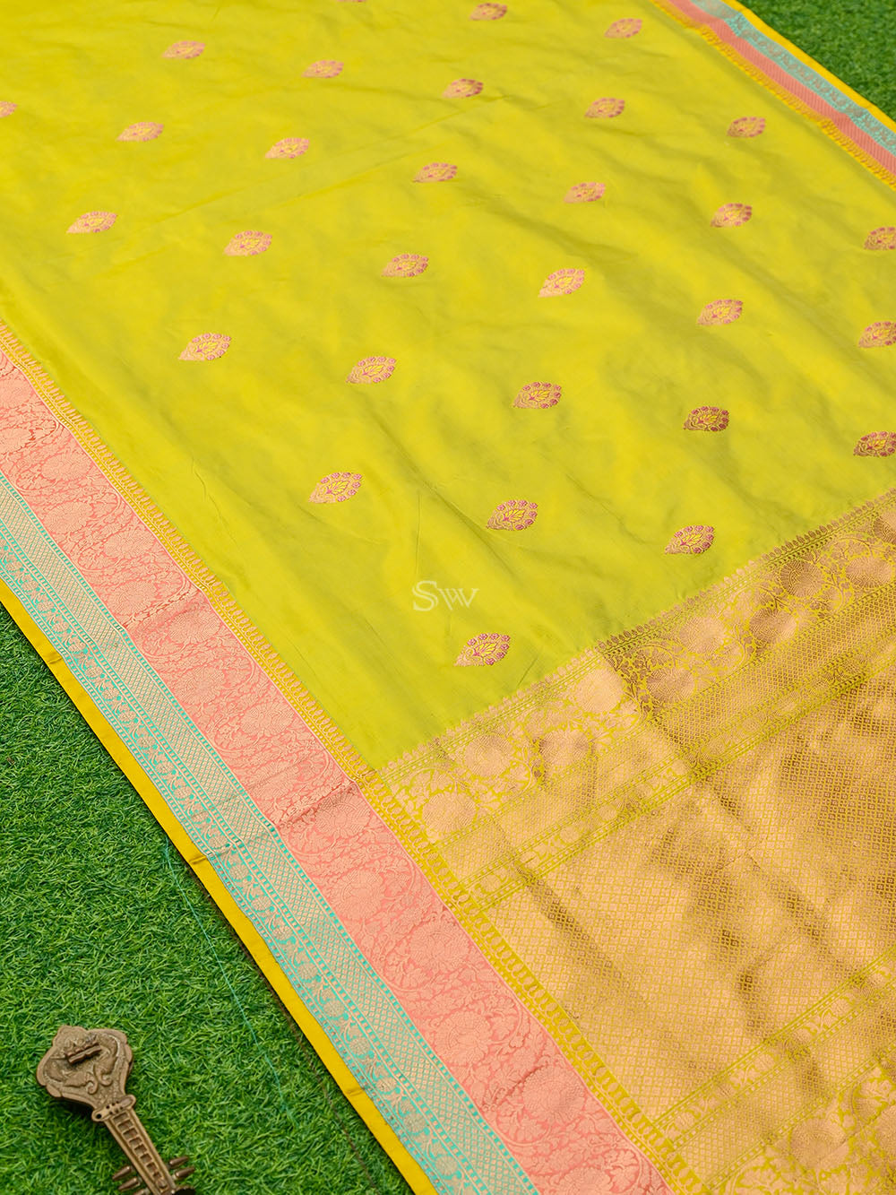 Lime Green Meenakari Boota Katan Silk Handloom Banarasi Saree - Sacred Weaves