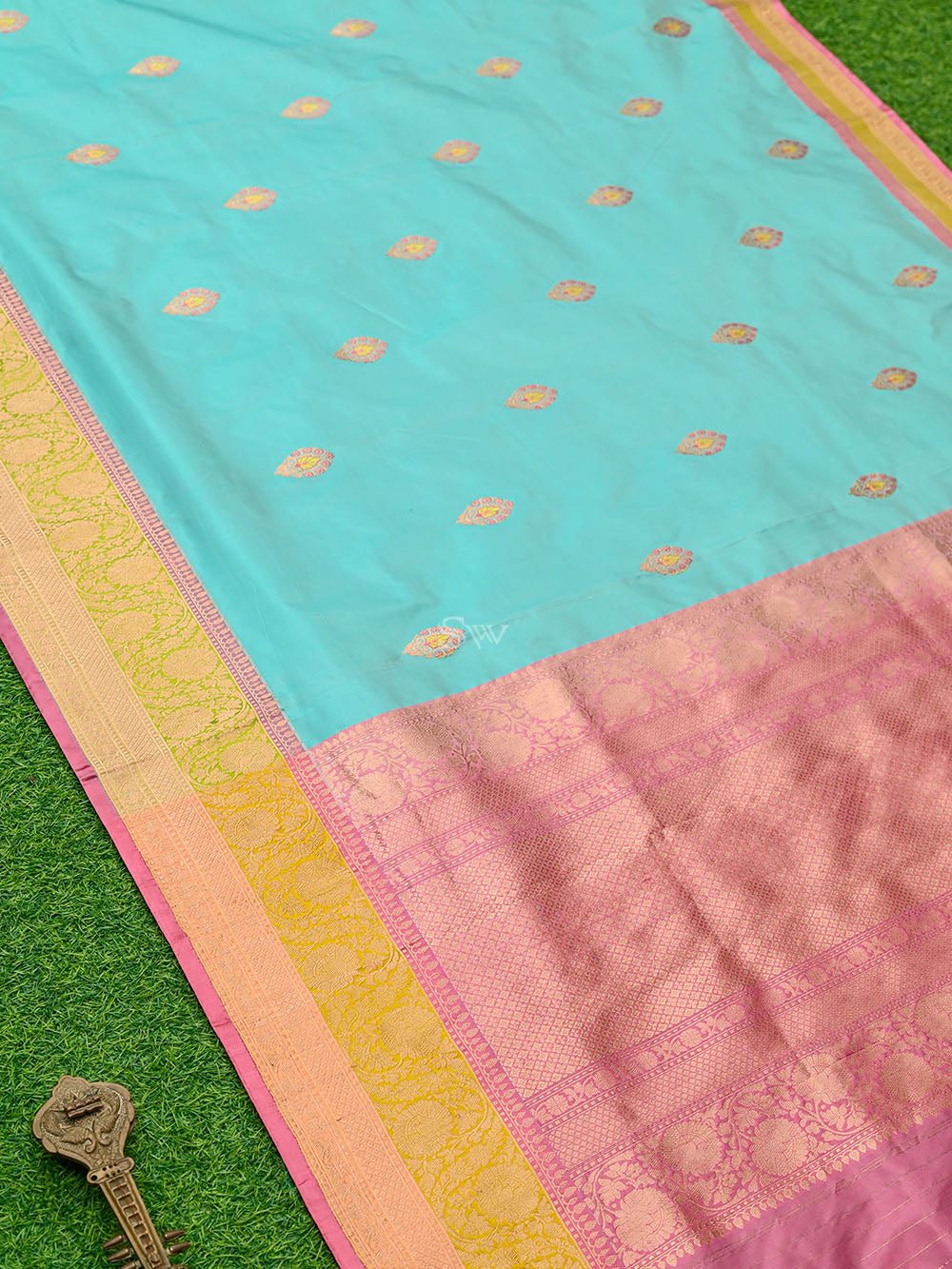 Turquoise Blue Meenakari Boota Katan Silk Handloom Banarasi Saree - Sacred Weaves