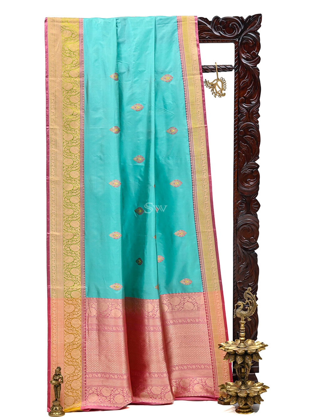 Turquoise Blue Meenakari Boota Katan Silk Handloom Banarasi Saree - Sacred Weaves