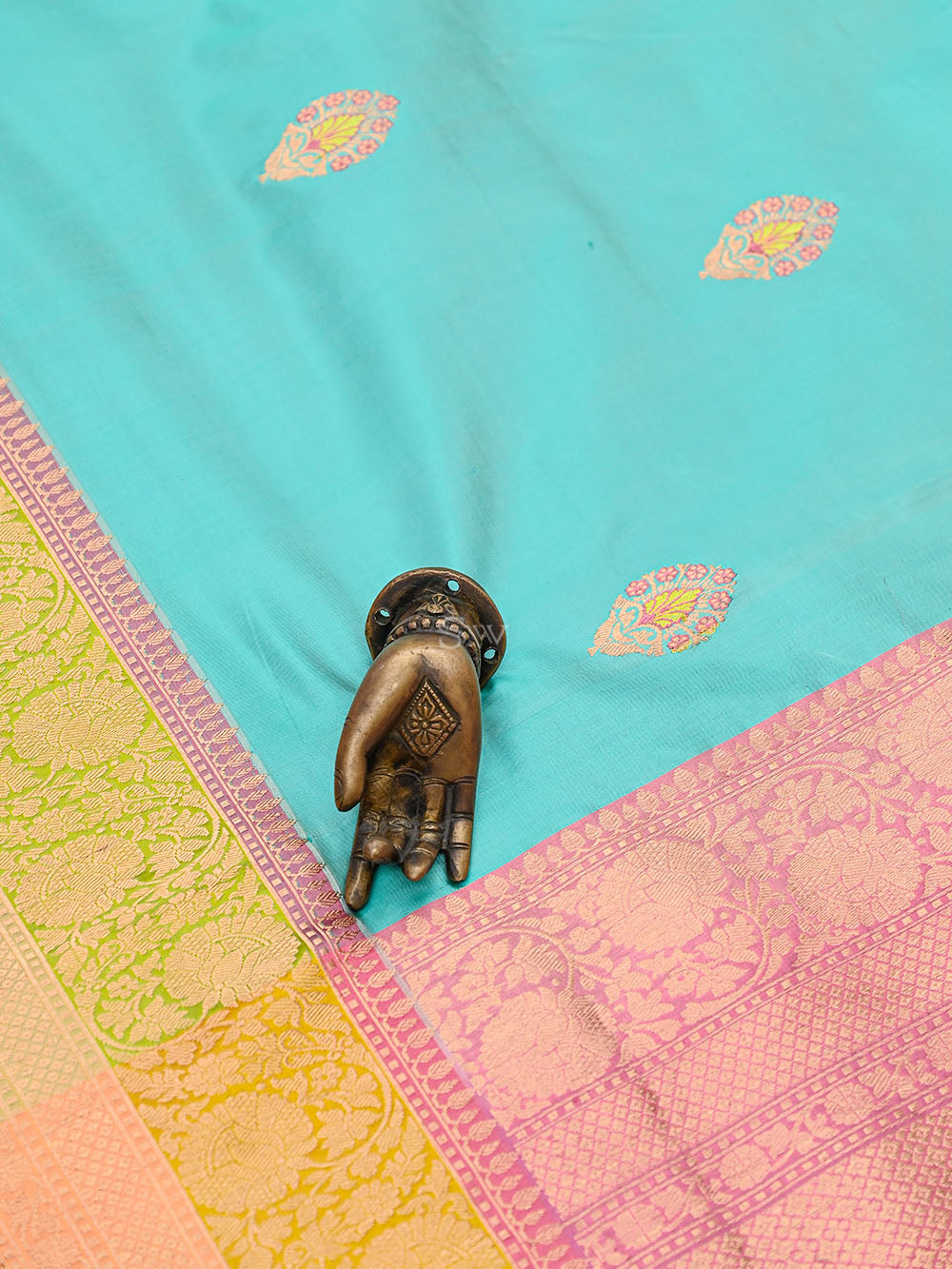 Turquoise Blue Meenakari Boota Katan Silk Handloom Banarasi Saree - Sacred Weaves
