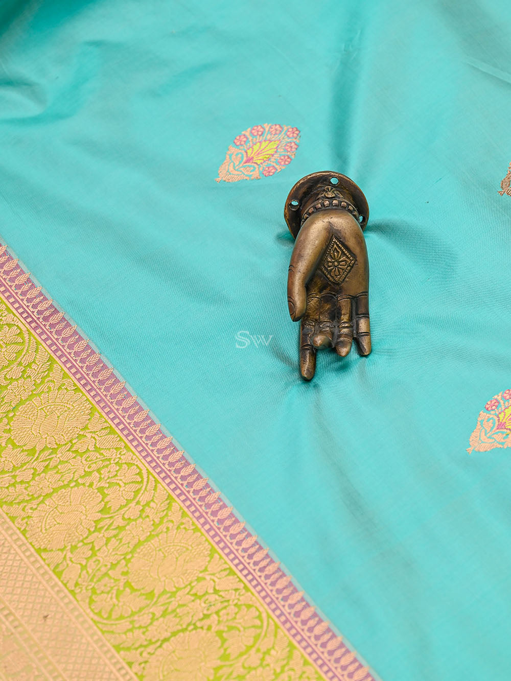 Turquoise Blue Meenakari Boota Katan Silk Handloom Banarasi Saree - Sacred Weaves