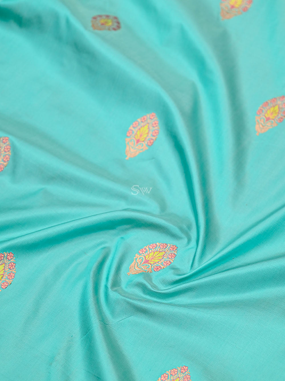 Turquoise Blue Meenakari Boota Katan Silk Handloom Banarasi Saree - Sacred Weaves