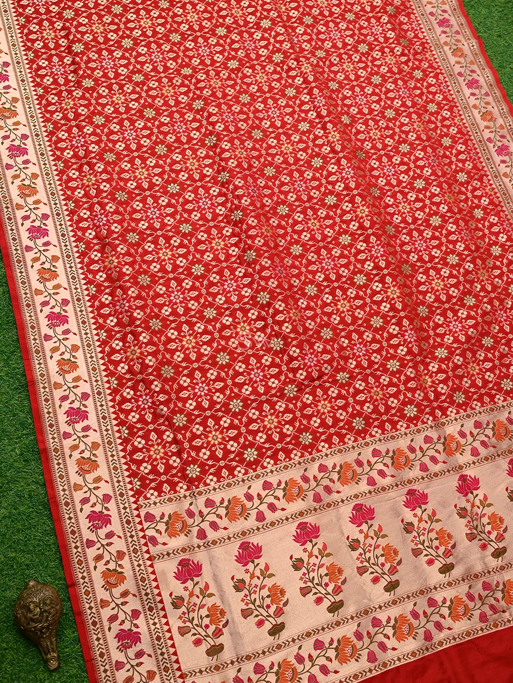 Red Paithani Meenakari Katan Silk Handloom Banarasi Saree - Sacred Weaves