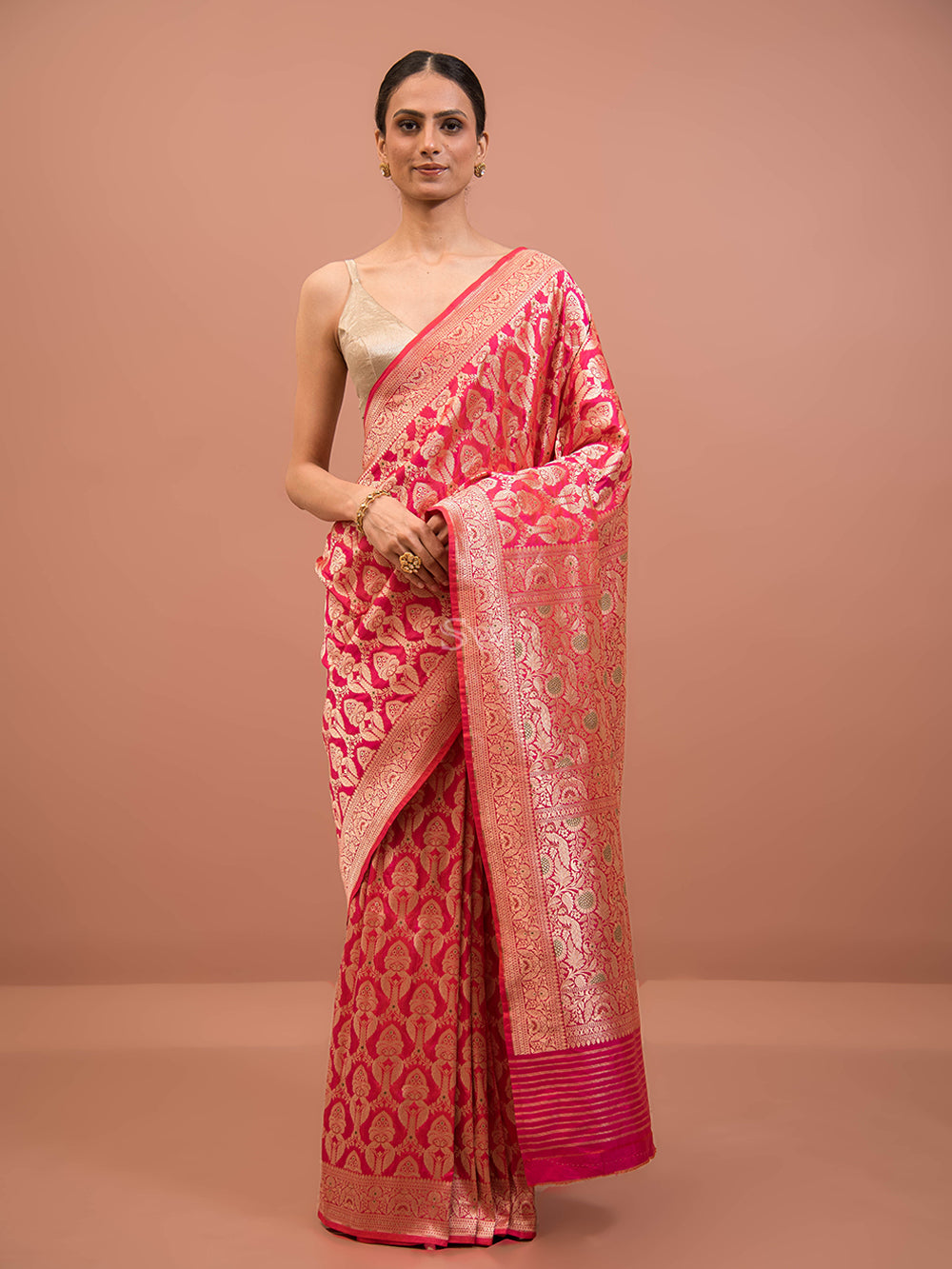 Pink Orange Shikargah Uppada Katan Silk Handloom Banarasi Saree - Sacred Weaves