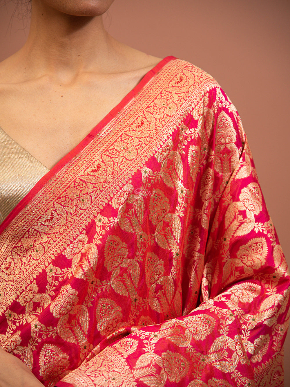 Pink Orange Shikargah Uppada Katan Silk Handloom Banarasi Saree - Sacred Weaves