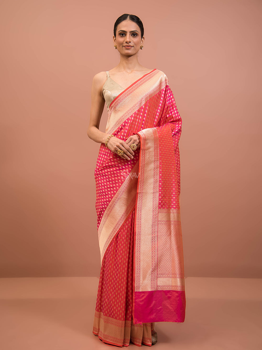 Pink Orange Booti Katan Silk Uppada Handloom Banarasi Saree - Sacred Weaves