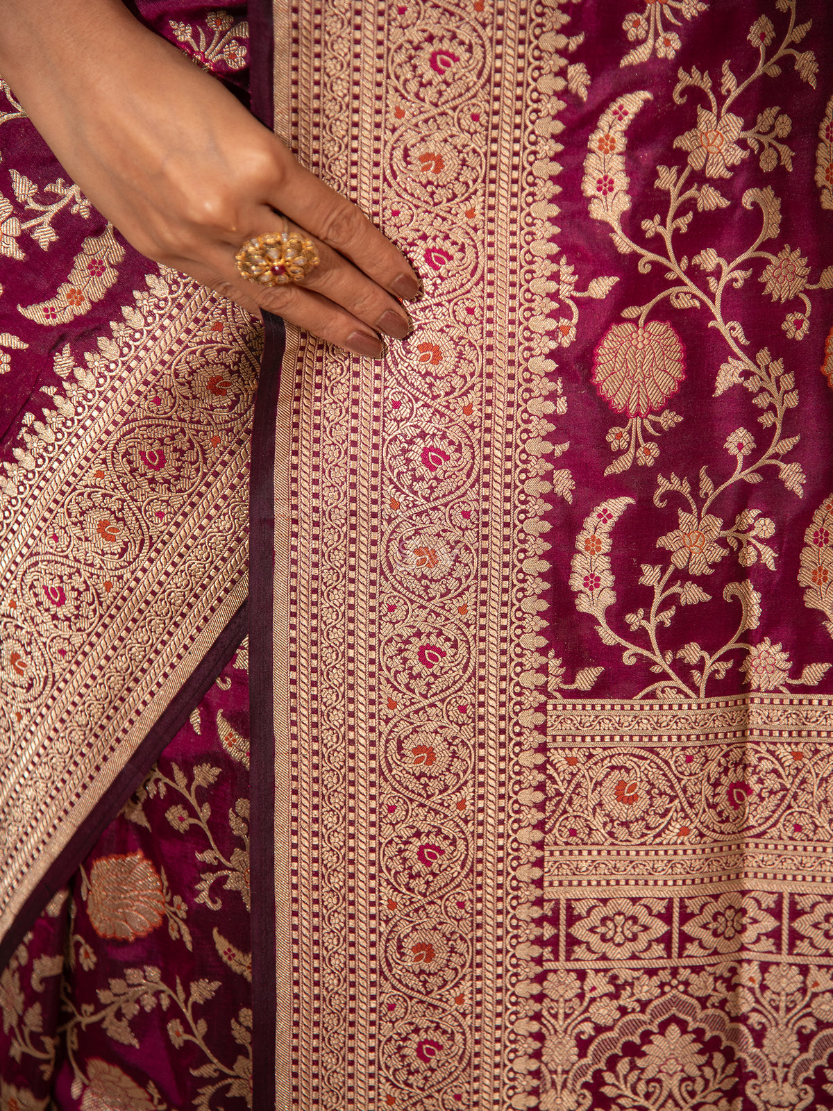 Wine Meenakari Jaal Uppada Katan Silk Handloom Banarasi Saree - Sacred Weaves