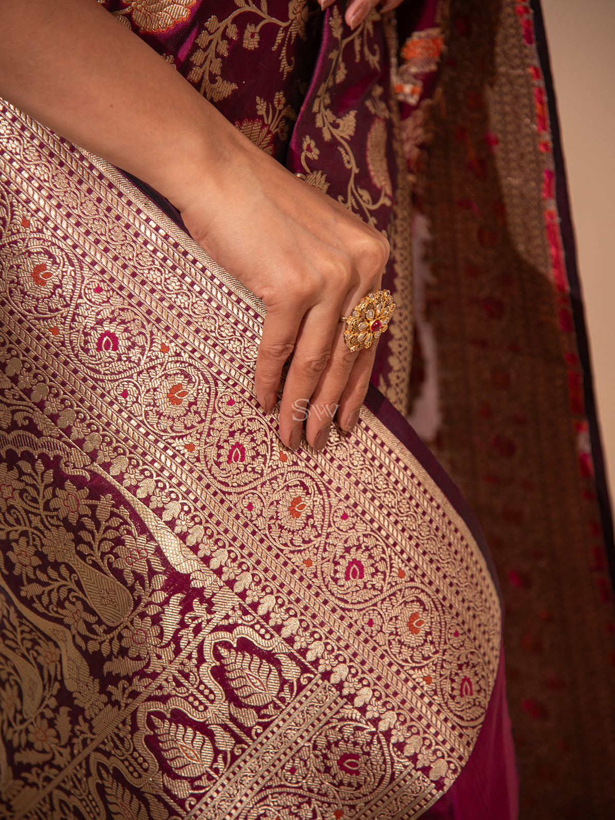 Wine Meenakari Jaal Uppada Katan Silk Handloom Banarasi Saree - Sacred Weaves