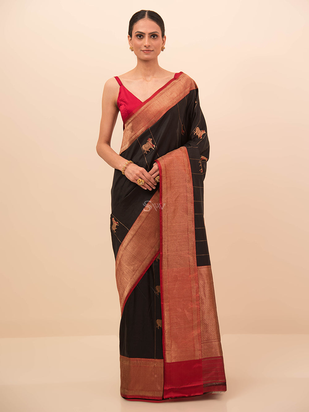 Black Shikargah Boota Katan Silk Handloom Banarasi Saree - Sacred Weaves
