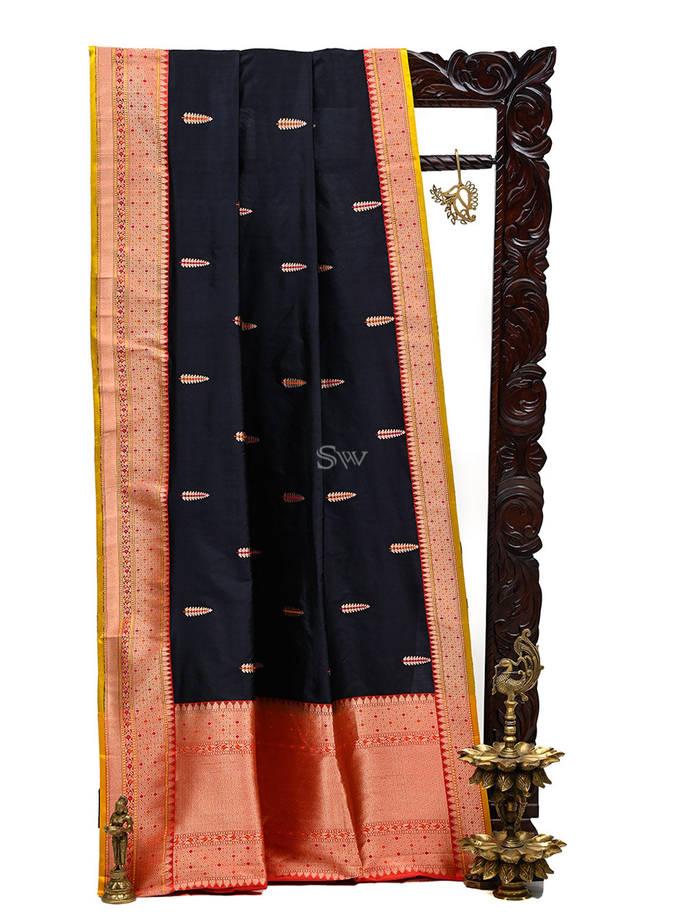 Inky Blue Meenakari Boota Katan Silk Handloom Banarasi Saree - Sacred Weaves