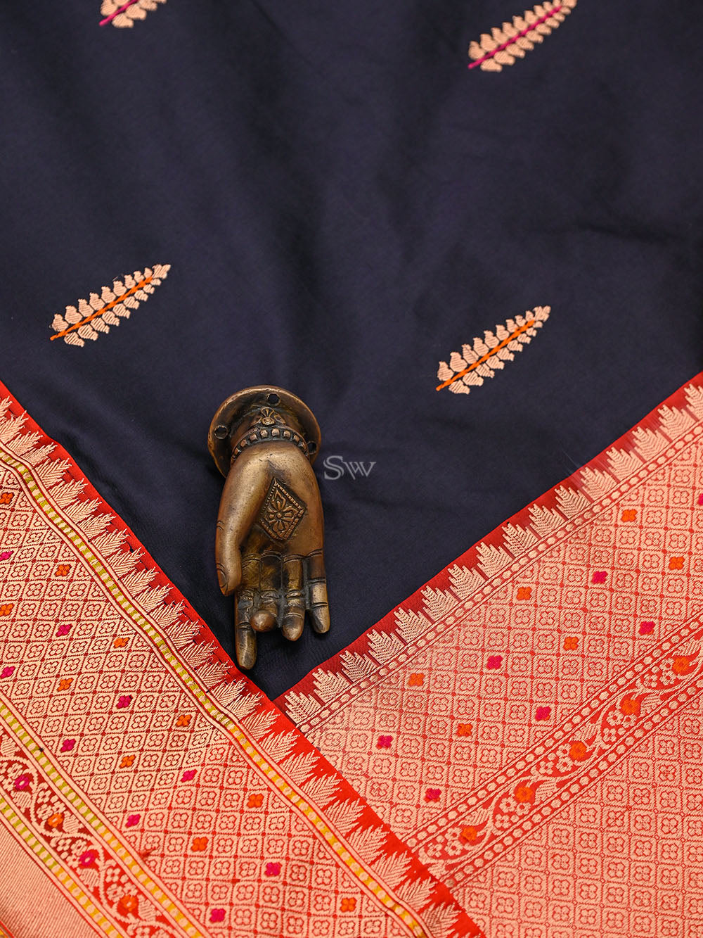 Inky Blue Meenakari Boota Katan Silk Handloom Banarasi Saree - Sacred Weaves